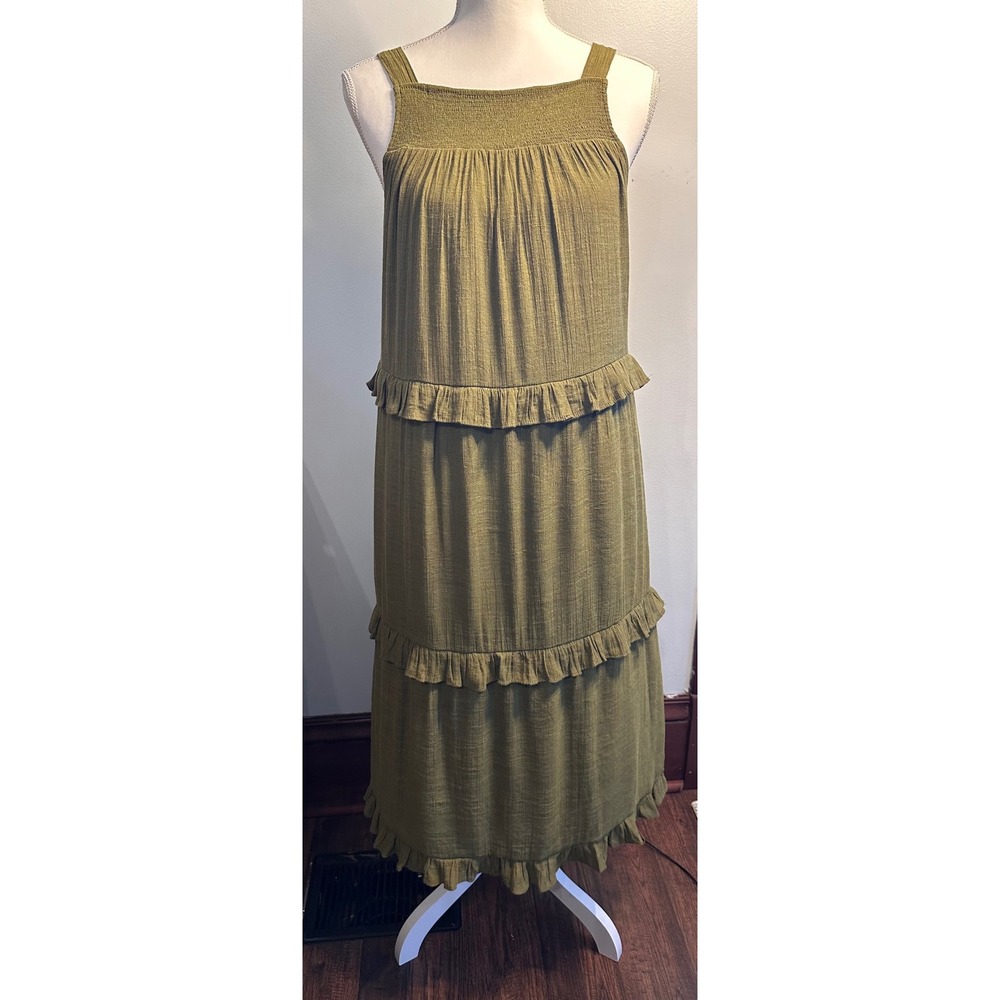 Emelia Olive Green Tiered Ruffle Maxi Dress Smocked Tie Back Boho XS Y2634
